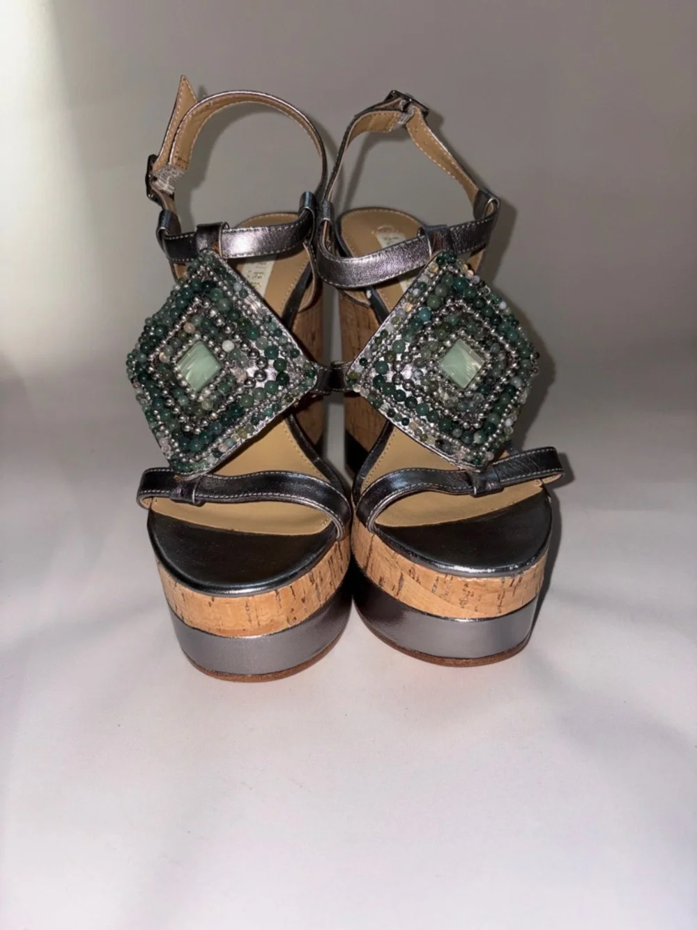Lauren Ralph Lauren Mattie Metallic Silver‎ Beaded Cork Wedge Sandals Size 6.5